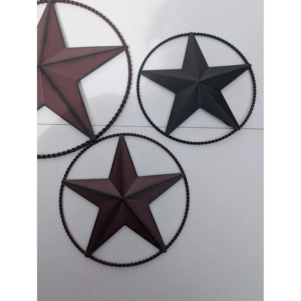 Rustic Metal Barn Star Wall Art Set of 3 Twisted Rope Circle Burgundy Black
